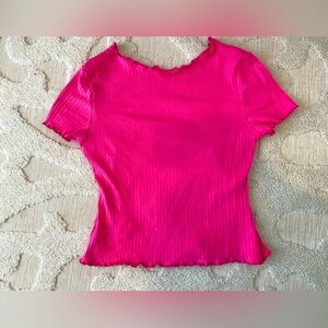 Hot pink ribbed lettuce trim tee